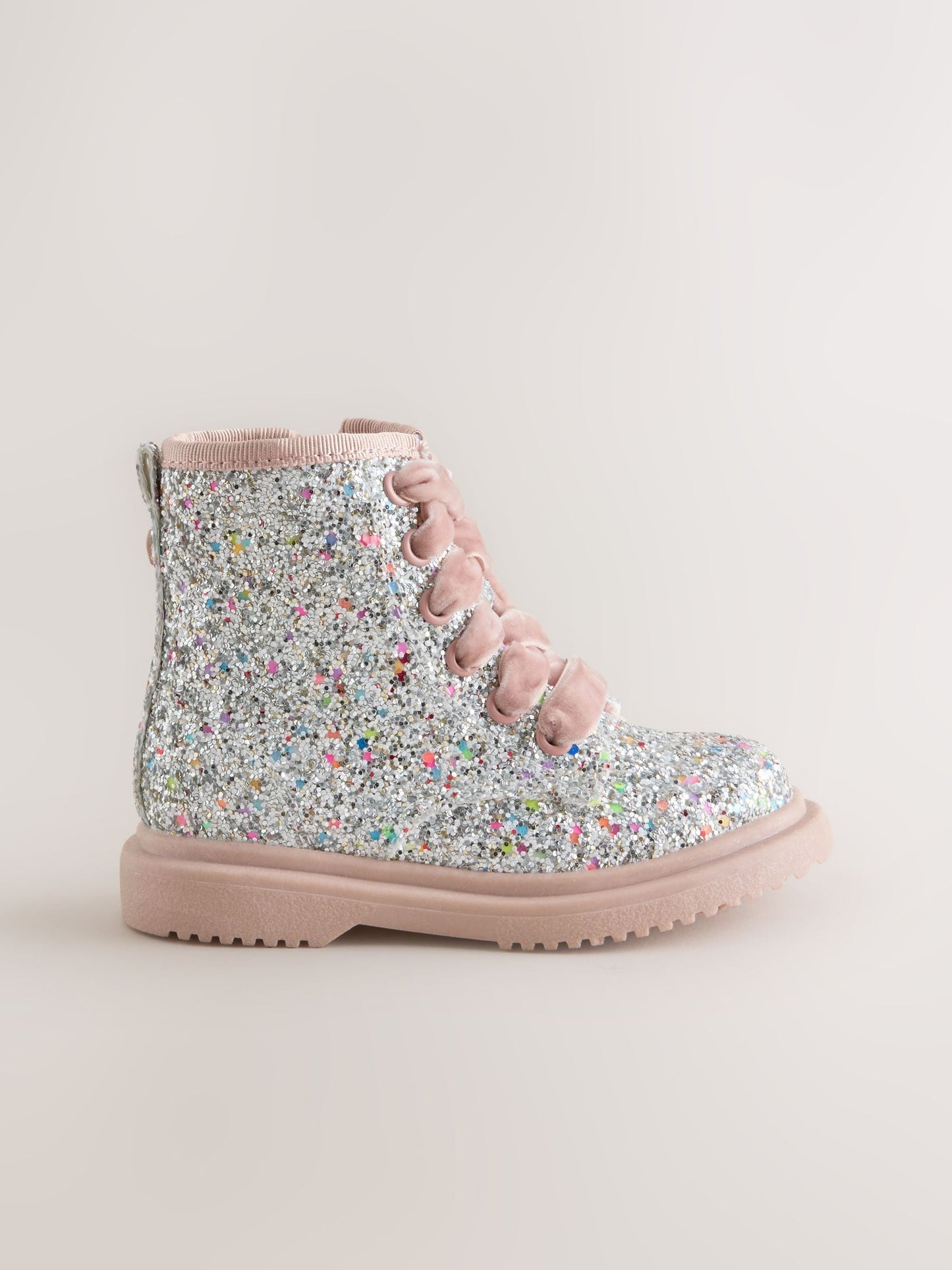 Silver/Pink Glitter Standard Fit (F) Lace Up Ankle Boots image 2