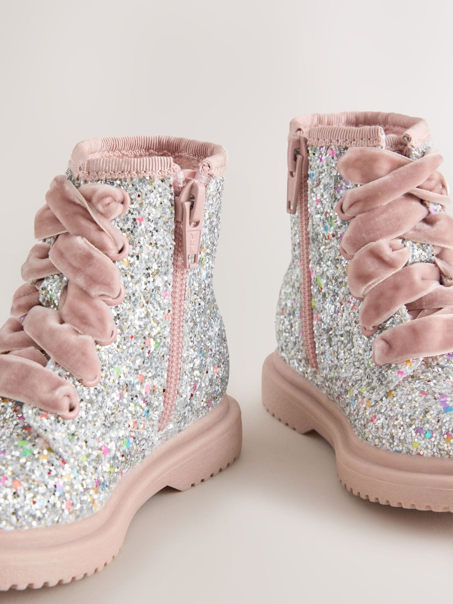 Silver/Pink Glitter Standard Fit (F) Lace Up Ankle Boots image 3