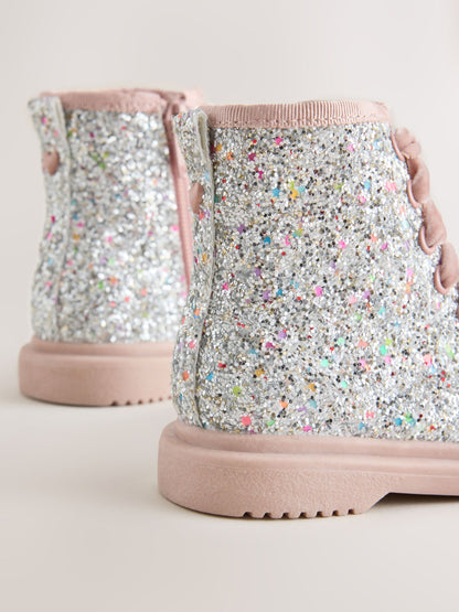 Silver/Pink Glitter Standard Fit (F) Lace Up Ankle Boots image 4