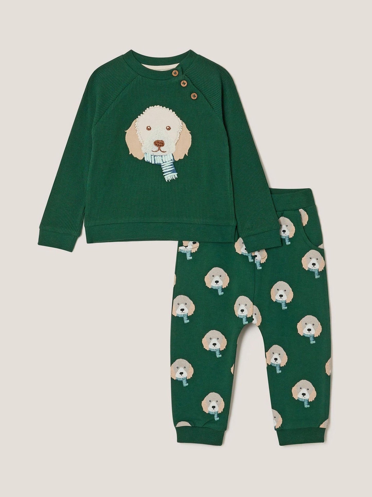 Monsoon Green Baby Digby Dog Jumper & Joggers Set image 1