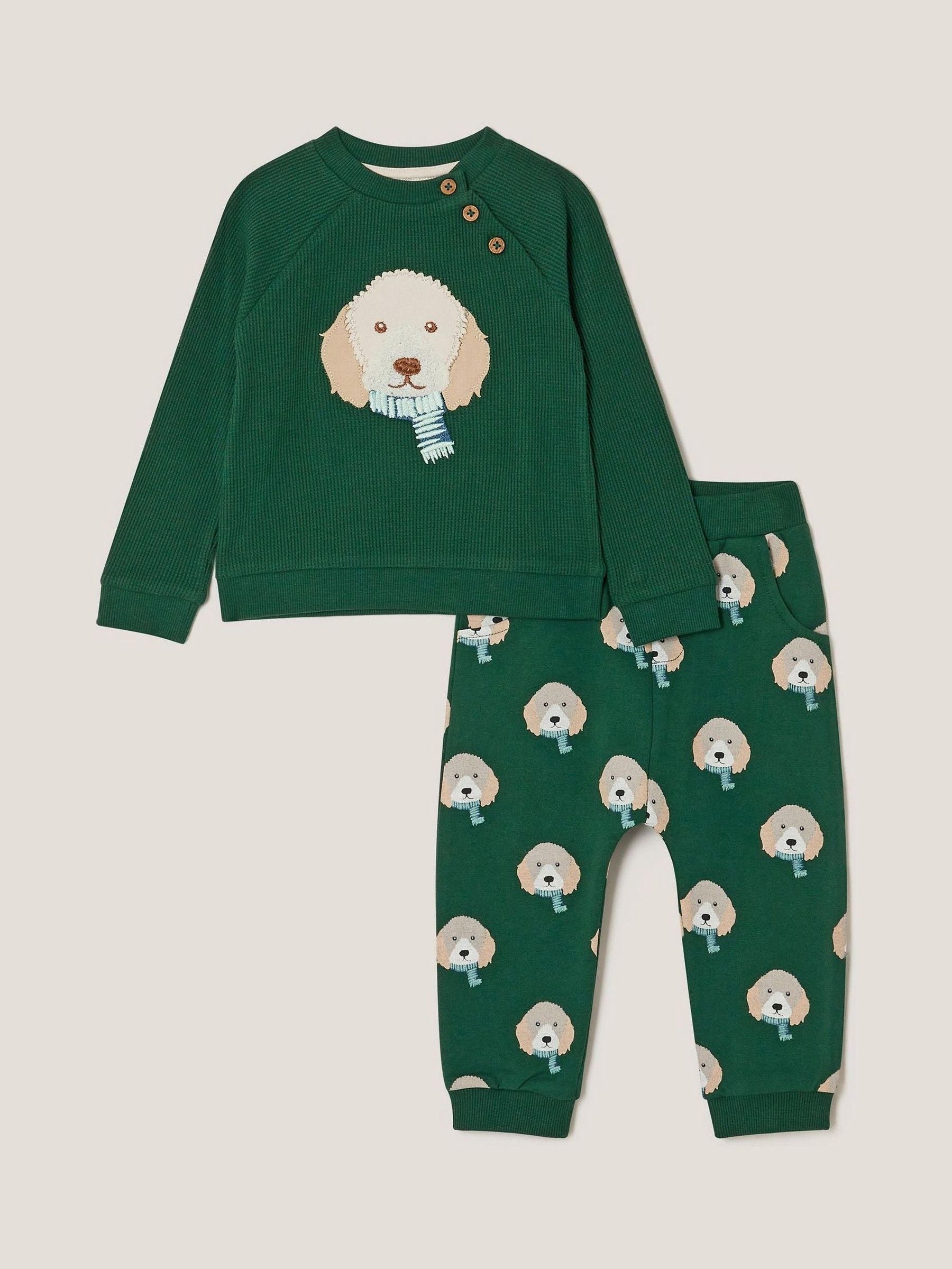 Monsoon Green Baby Digby Dog Jumper & Joggers Set image 1