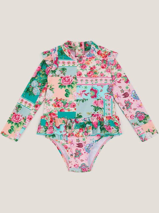 Monsoon Green Baby Patchwork UPF50+ Long Sleeve Swimsuit image 1