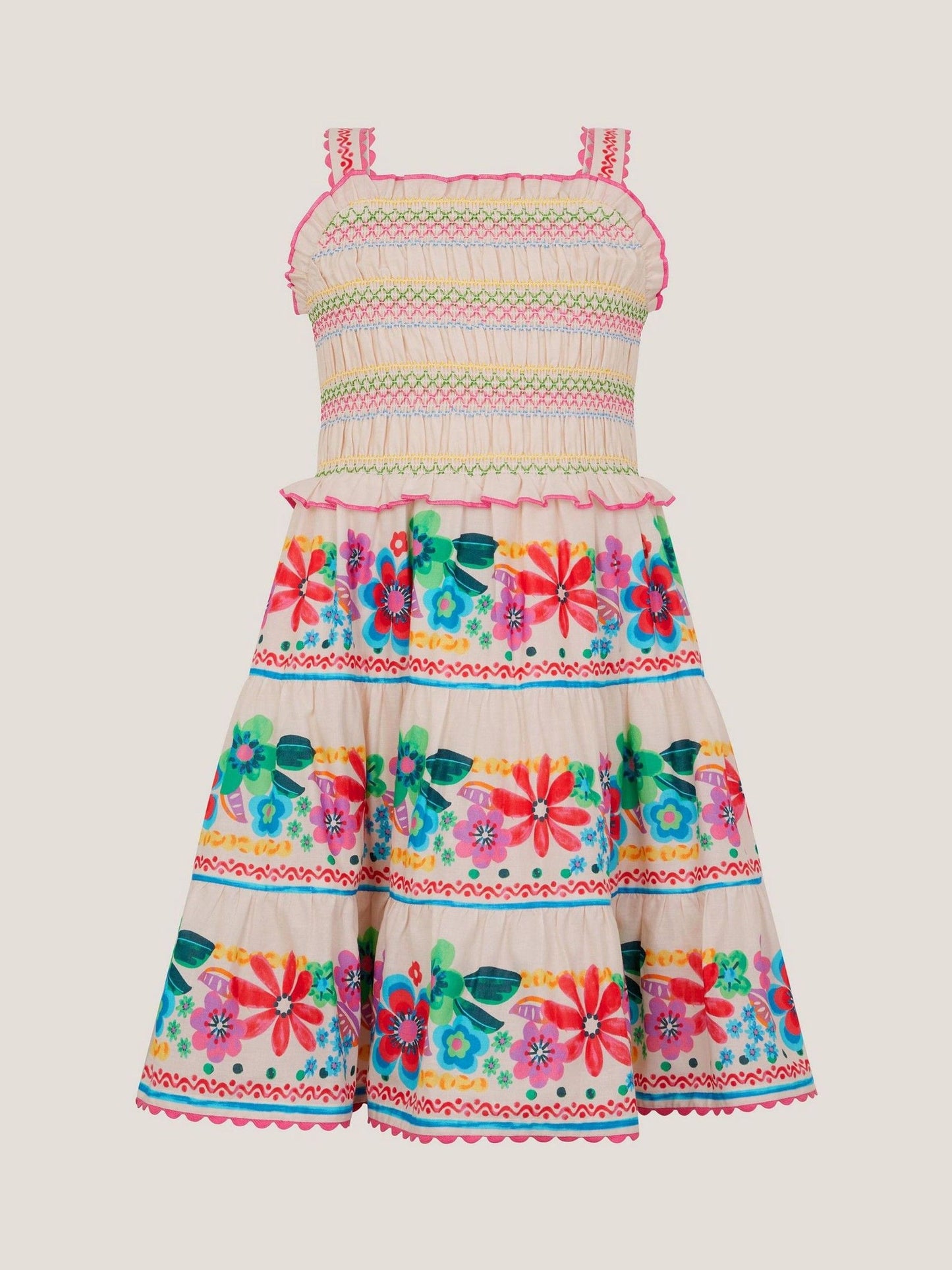 Monsoon Cream Floral Print Shirred Dress image 2