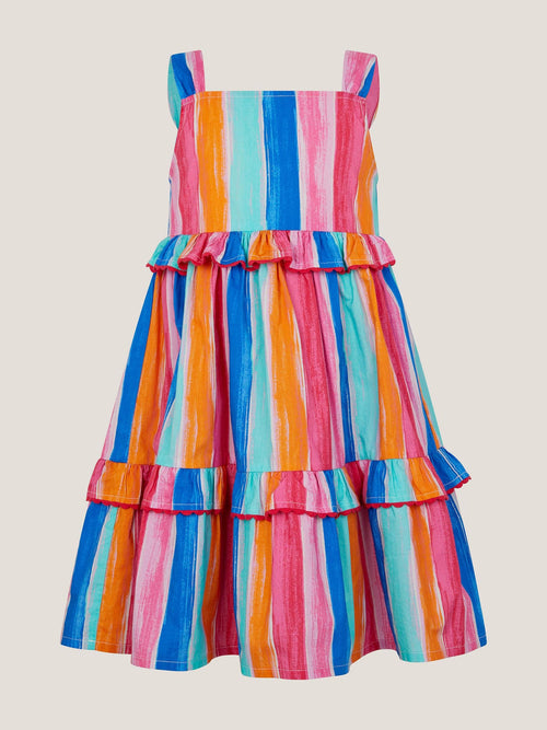 Monsoon Pink Rainbow Stripe Tiered Dress image 1