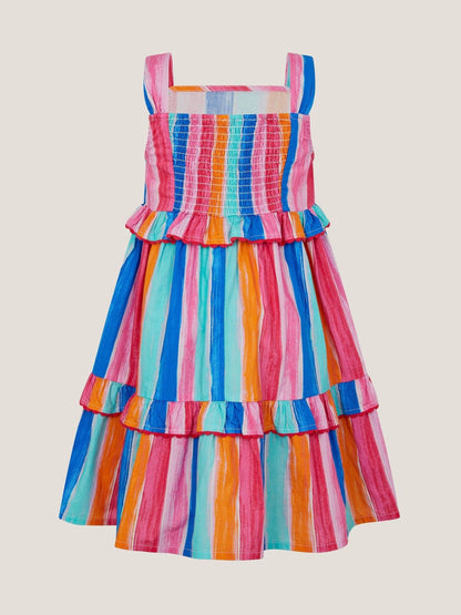Monsoon Pink Rainbow Stripe Tiered Dress image 3
