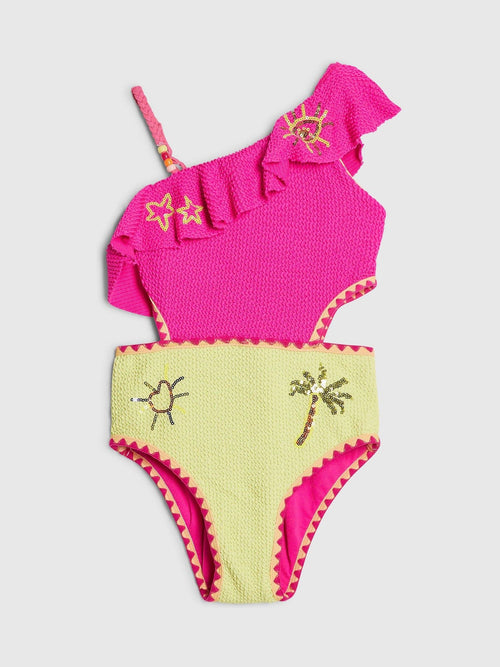 Dsiney Kidz - River Island Pink Embroidered Asymmetric Frill Swimsuit image 1