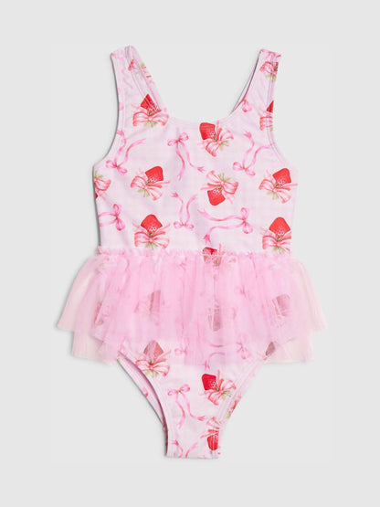 River Island Pink Strawberry Bow Tutu Swimsuit image 1