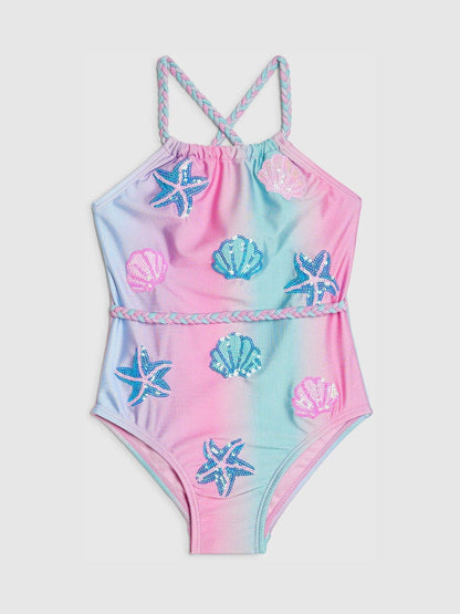 River Island Blue Ombre Shell Sequin Swimsuit image 1