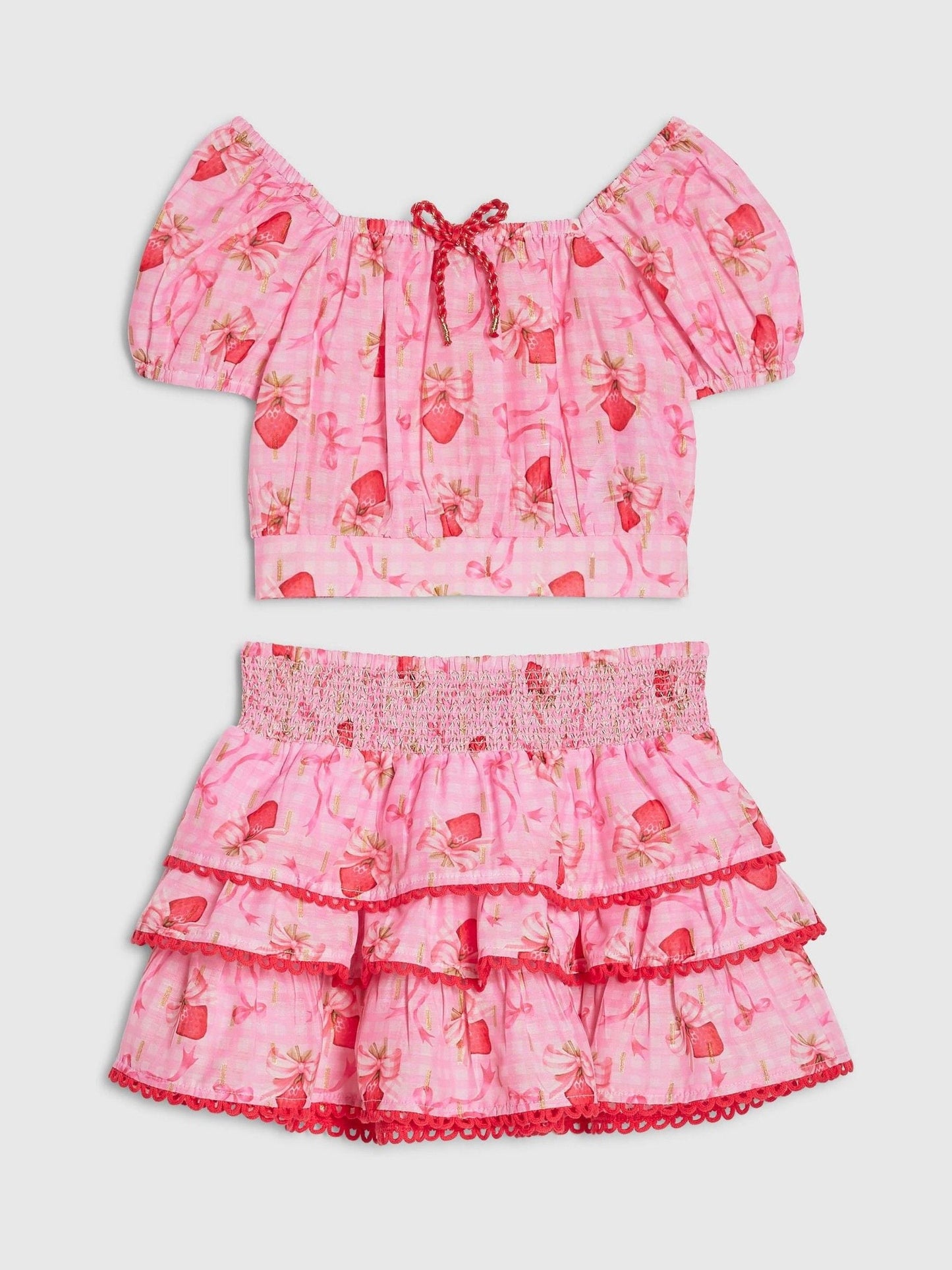 River Island Pink Strawberry Bow Frill Top & Rara Skirt Set image 1
