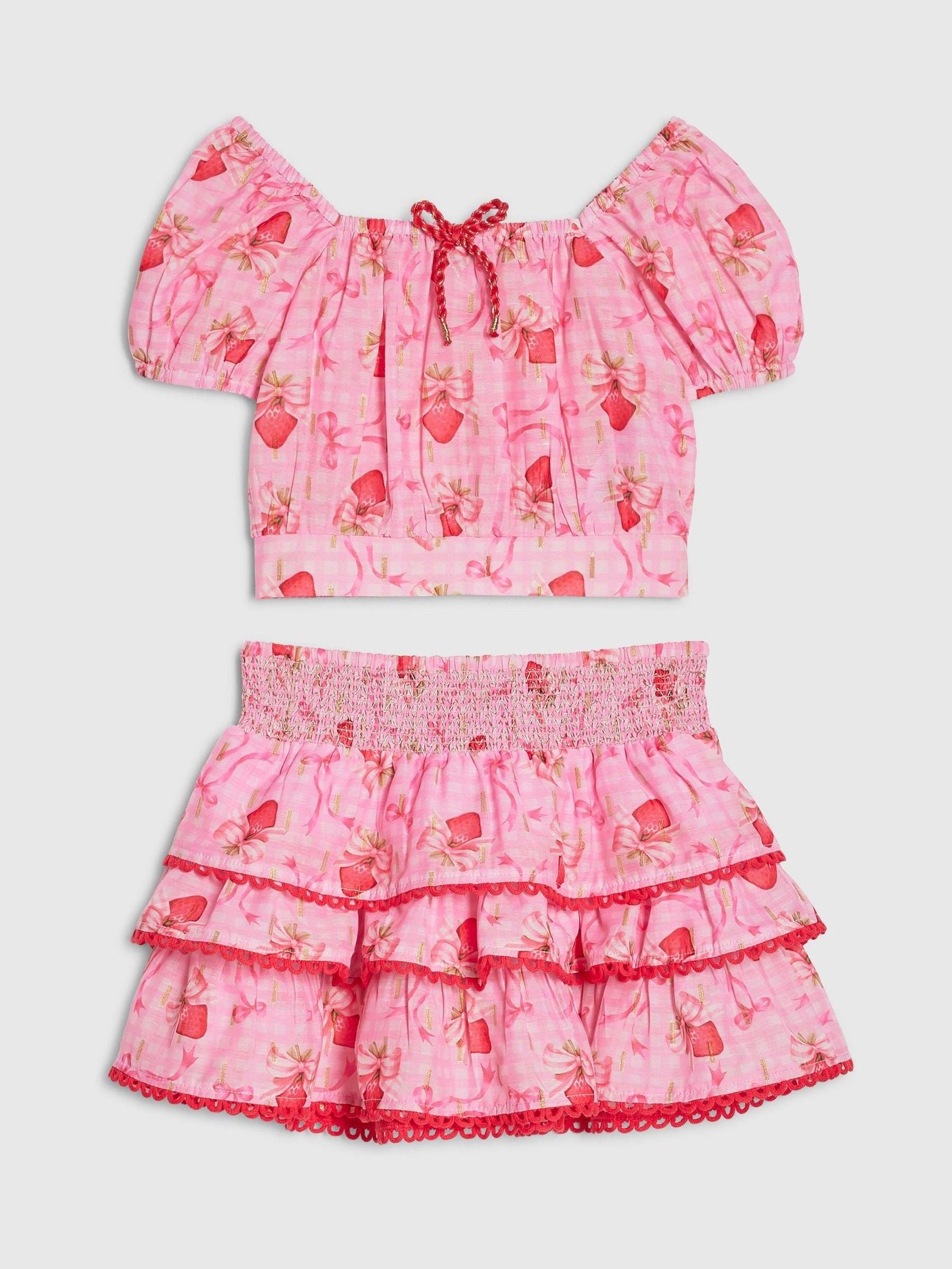 River Island Pink Strawberry Bow Frill Top & Rara Skirt Set image 1