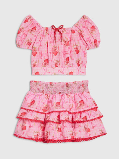 River Island Pink Strawberry Bow Frill Top & Rara Skirt Set image 1