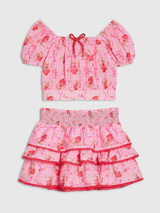 River Island Pink Strawberry Bow Frill Top & Rara Skirt Set image 1