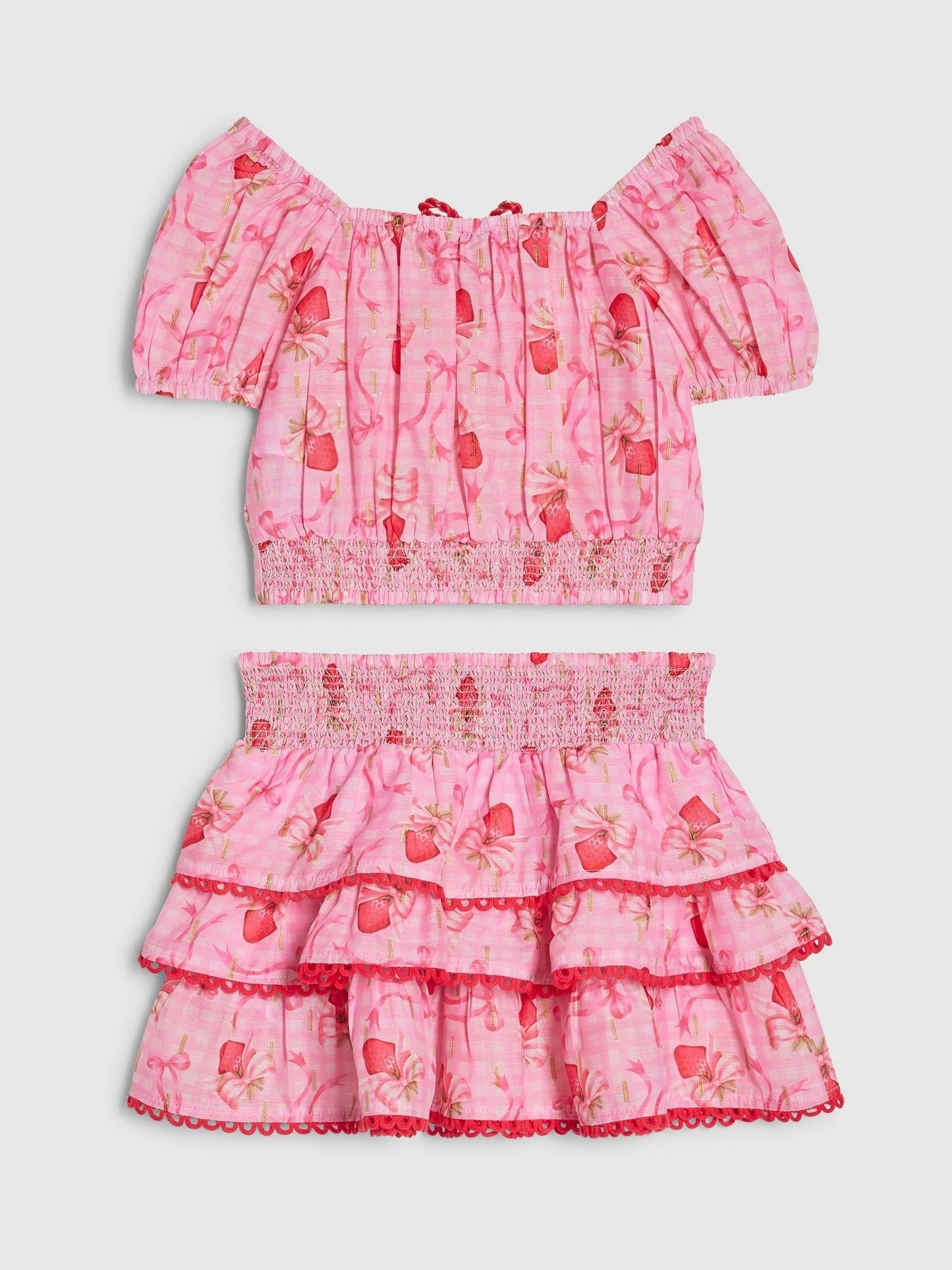 River Island Pink Strawberry Bow Frill Top & Rara Skirt Set image 2