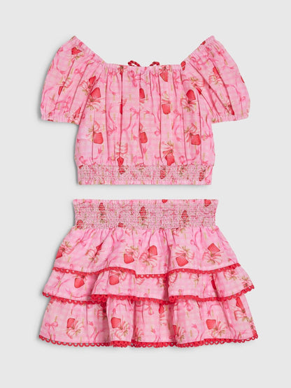 River Island Pink Strawberry Bow Frill Top & Rara Skirt Set image 2