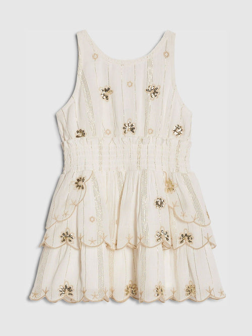 Dsiney Kidz - River Island Cream Embellished Scalloped Shirred Dress image 1