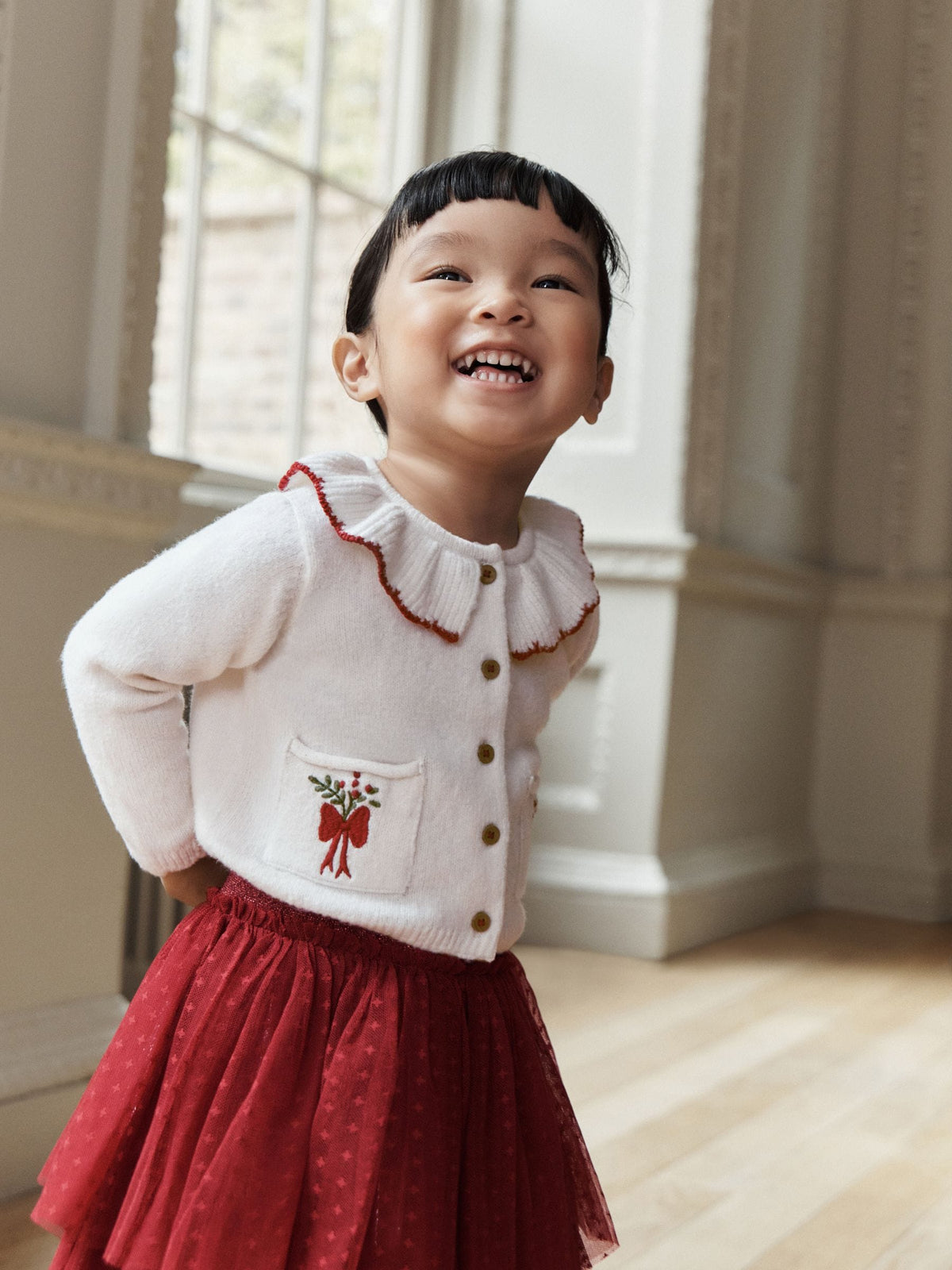 Ecru and Burgundy Red Embroidered Cardigan and Skirt Set (3mths-10yrs) - image 1