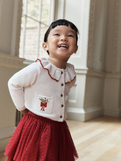 Ecru and Burgundy Red Embroidered Cardigan and Skirt Set (3mths-10yrs) - image 1