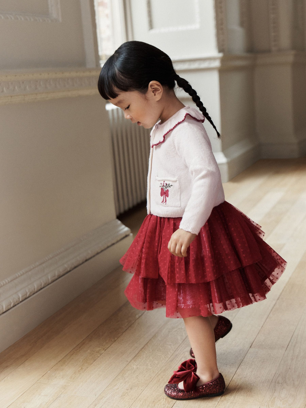 Ecru and Burgundy Red Embroidered Cardigan and Skirt Set (3mths-10yrs) - image 2