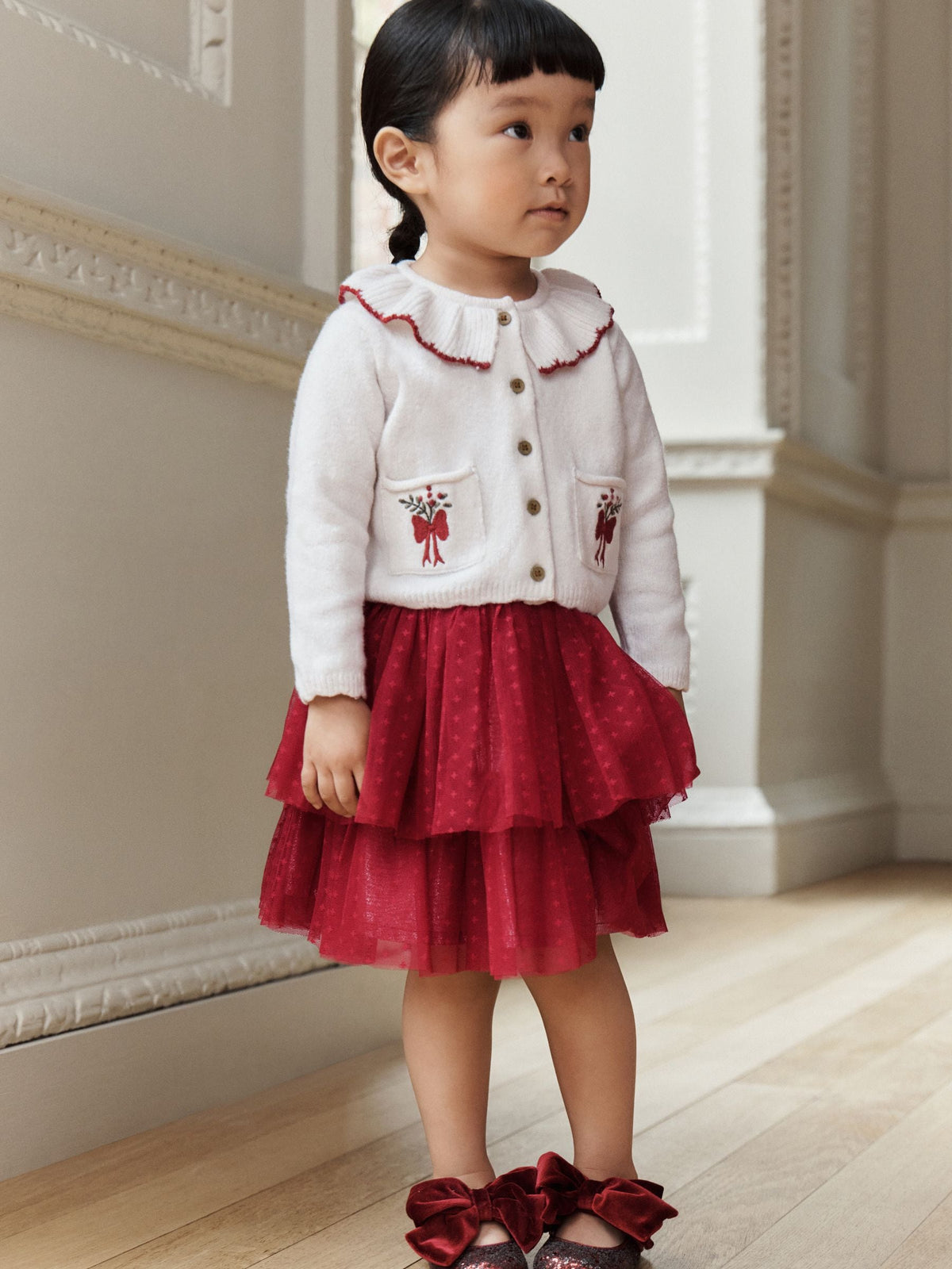 Ecru and Burgundy Red Embroidered Cardigan and Skirt Set (3mths-10yrs) - image 3