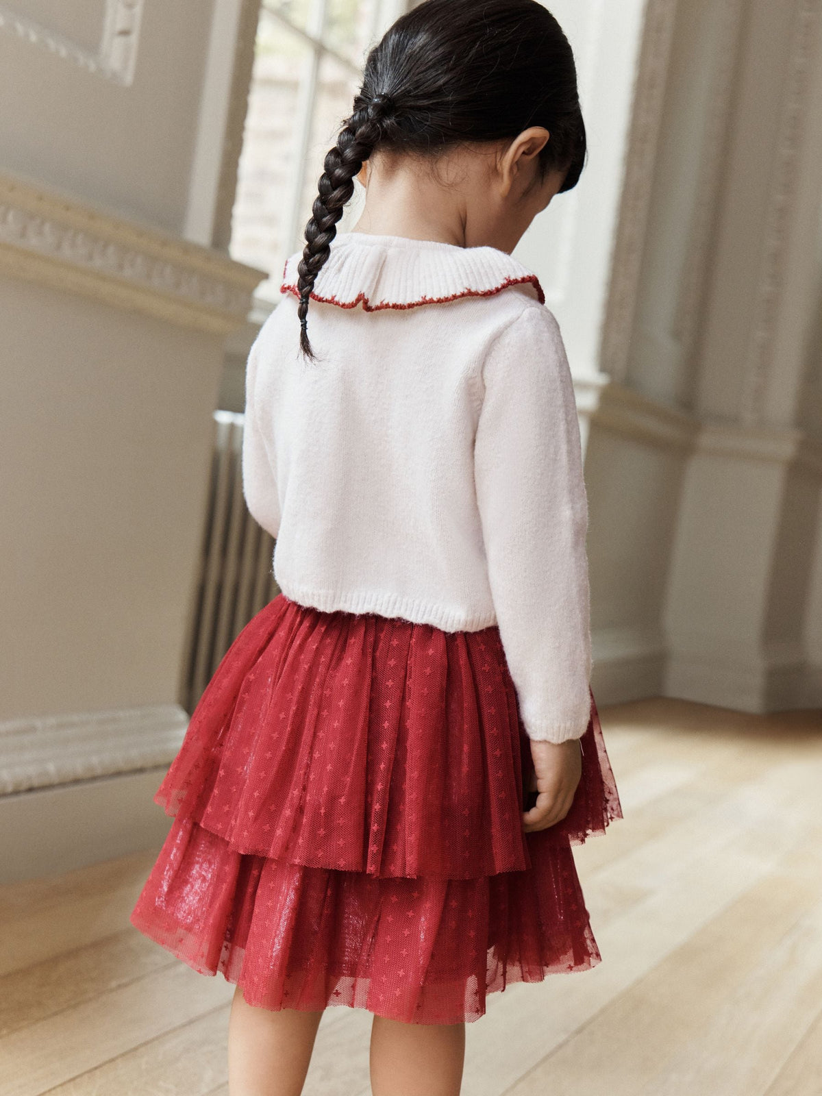 Ecru and Burgundy Red Embroidered Cardigan and Skirt Set (3mths-10yrs) - image 4