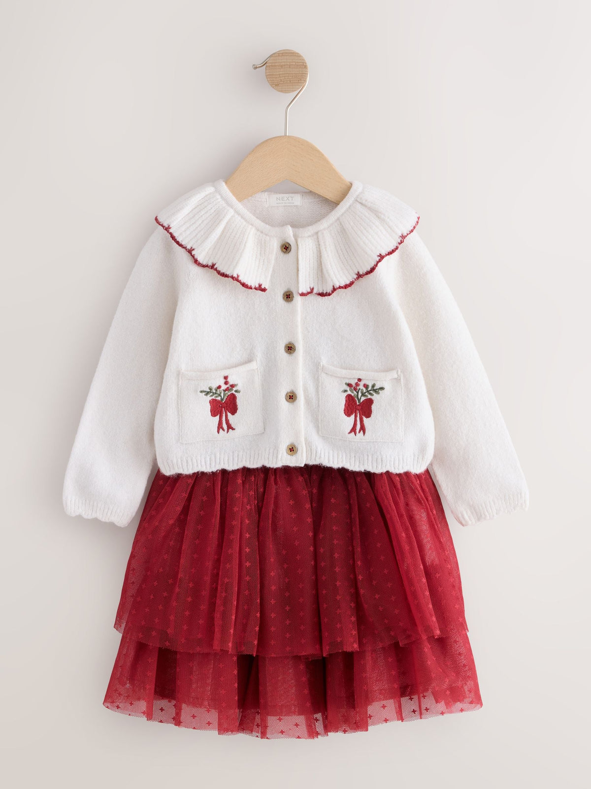 Ecru and Burgundy Red Embroidered Cardigan and Skirt Set (3mths-10yrs) - image 5