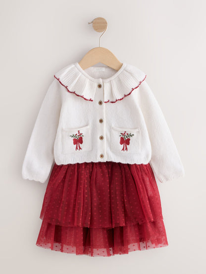 Ecru and Burgundy Red Embroidered Cardigan and Skirt Set (3mths-10yrs) - image 5
