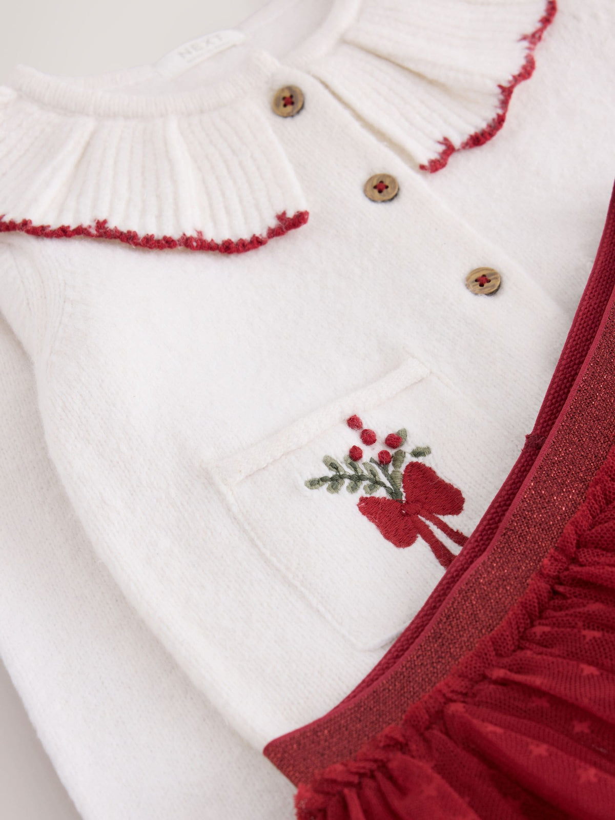 Ecru and Burgundy Red Embroidered Cardigan and Skirt Set (3mths-10yrs) - image 8