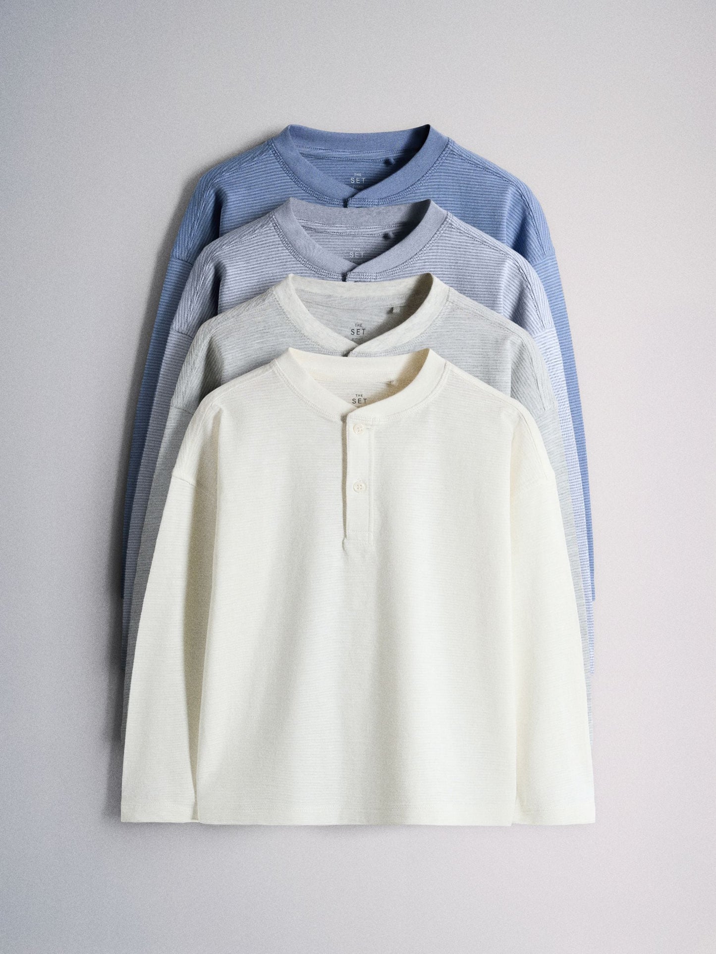 Dsiney Kidz - The Set 4 Pack Textured Stripe Long Sleeve Henley T-Shirts Blue/White/Grey Marl image 1