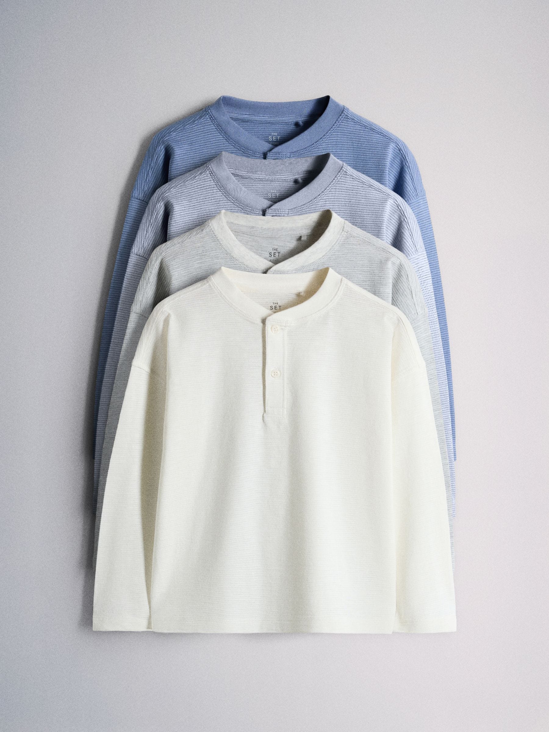 Dsiney Kidz - The Set 4 Pack Textured Stripe Long Sleeve Henley T-Shirts Blue/White/Grey Marl image 1