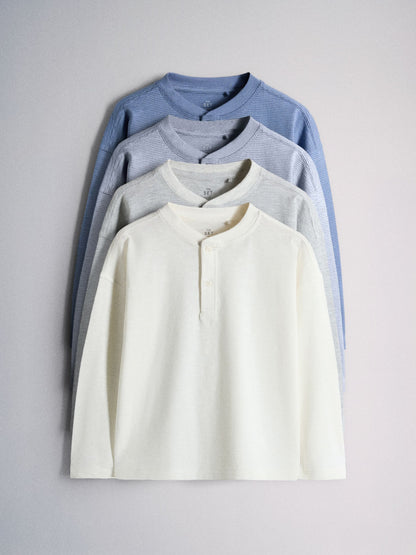 Dsiney Kidz - The Set 4 Pack Textured Stripe Long Sleeve Henley T-Shirts Blue/White/Grey Marl image 1