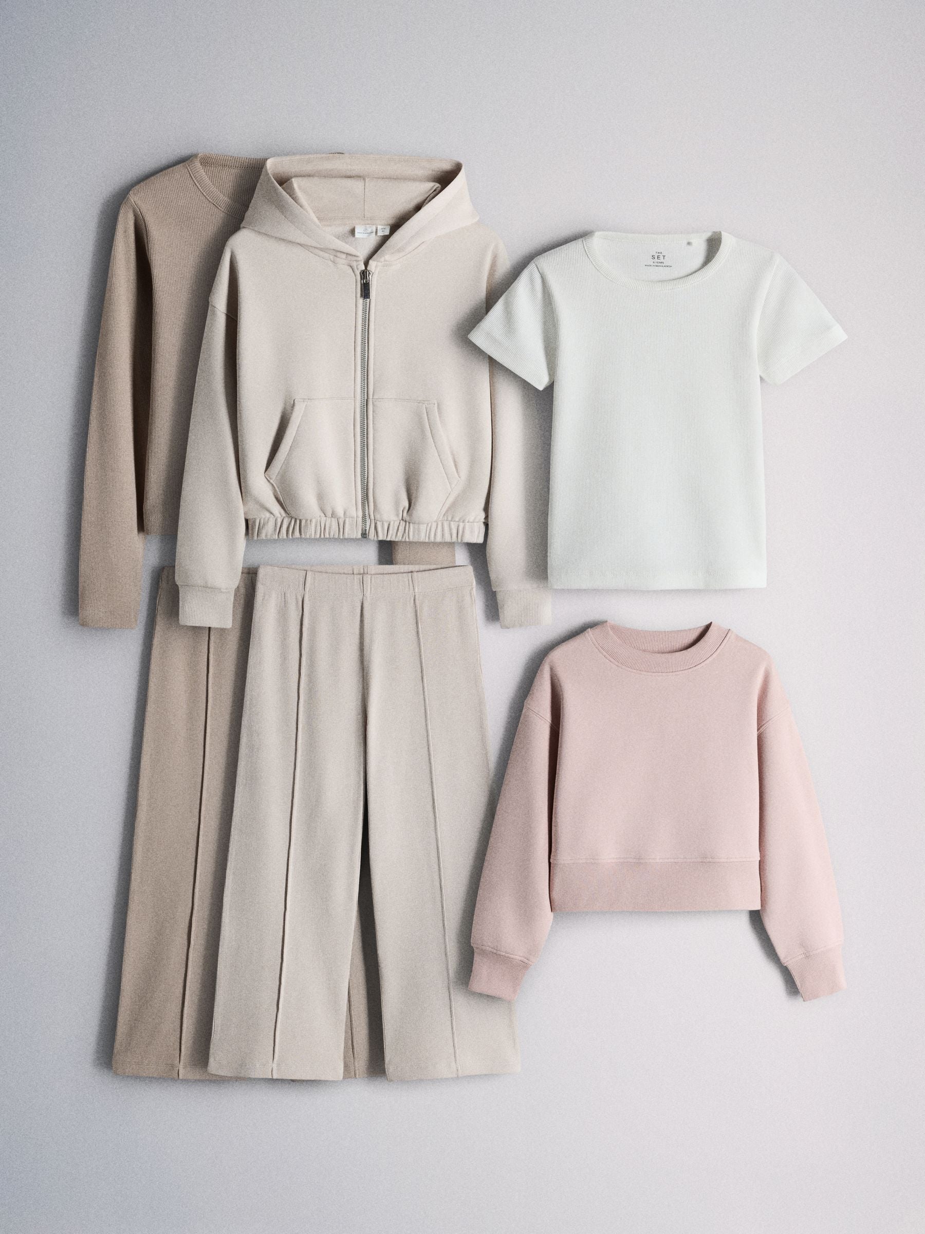 Dsiney Kidz - The Set 6 Piece Zip Through Hoodie Crew Rib Cardigan Short Sleeve Rib T-Shirt and Wide Leg Leggings Set White/Pink/Light Brown image 1