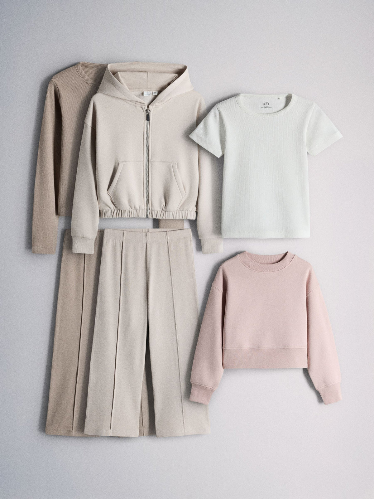 Dsiney Kidz - The Set 6 Piece Zip Through Hoodie Crew Rib Cardigan Short Sleeve Rib T-Shirt and Wide Leg Leggings Set White/Pink/Light Brown image 1