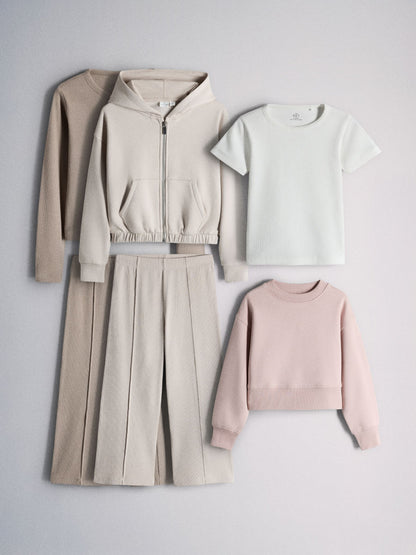 Dsiney Kidz - The Set 6 Piece Zip Through Hoodie Crew Rib Cardigan Short Sleeve Rib T-Shirt and Wide Leg Leggings Set White/Pink/Light Brown image 1