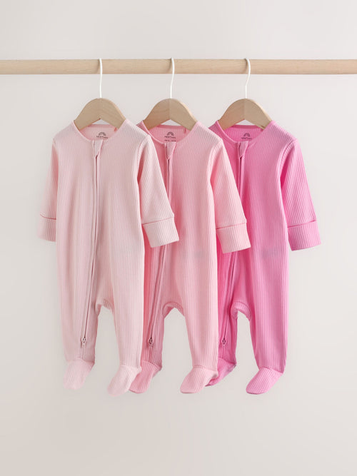 Pink Two Way Zip Baby Sleepsuits 3 Pack (0-2yrs) image 1