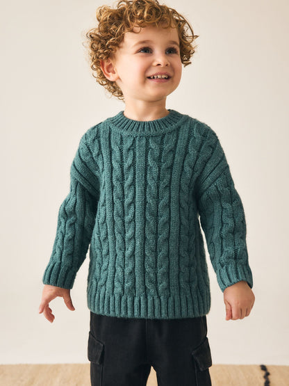 Dsiney Kidz - Dark Teal Blue Cable Knit Crew Neck Jumper (3mths-7yrs) image 1