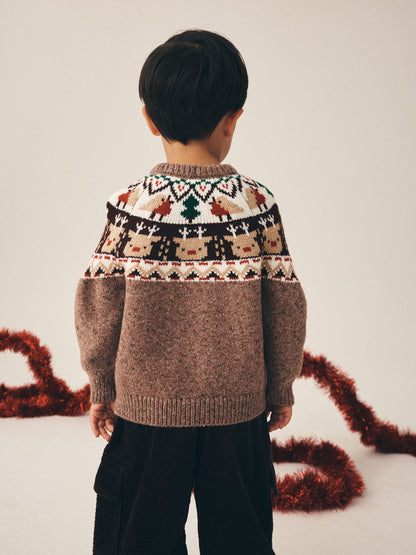 Brown Fairisle Reindeer Christmas Crew Neck Jumper (3mths-7yrs) - image 2