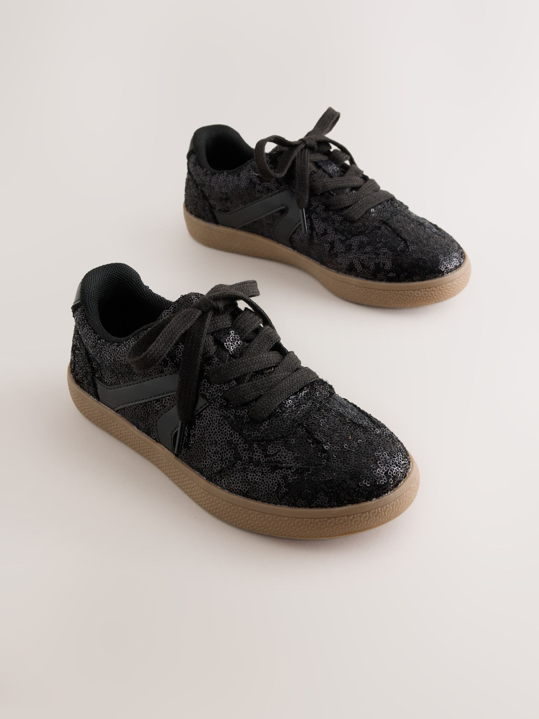 Black Sequin Wide Fit (G) Retro Trainers image 1