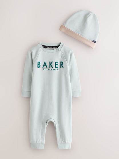 Baker by Ted Baker Green/Ecru Romper and Hat 3 Piece Set image 2