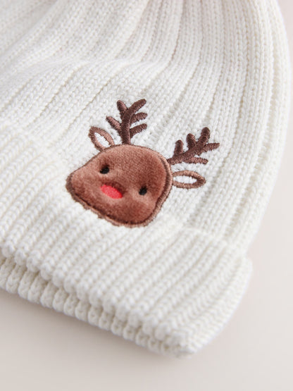 Dsiney Kidz - White Embroidered Knitted Christmas Reindeer Pom Baby Hat (0mths-3yrs) image 3