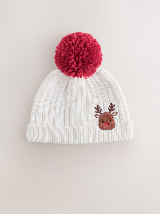 Dsiney Kidz - White Embroidered Knitted Christmas Reindeer Pom Baby Hat (0mths-3yrs) image 1