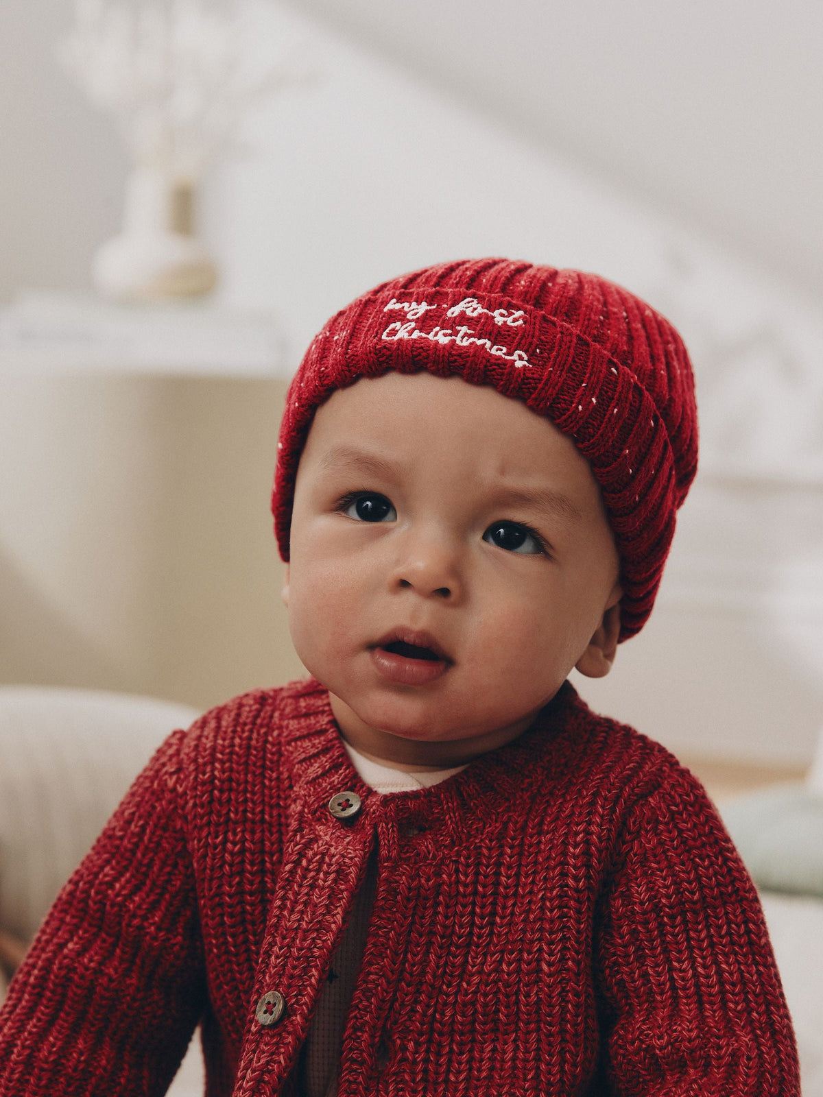 Red My First Christmas Embroidered Knitted Beanie Baby Hat (0mths-2yrs) - image 1