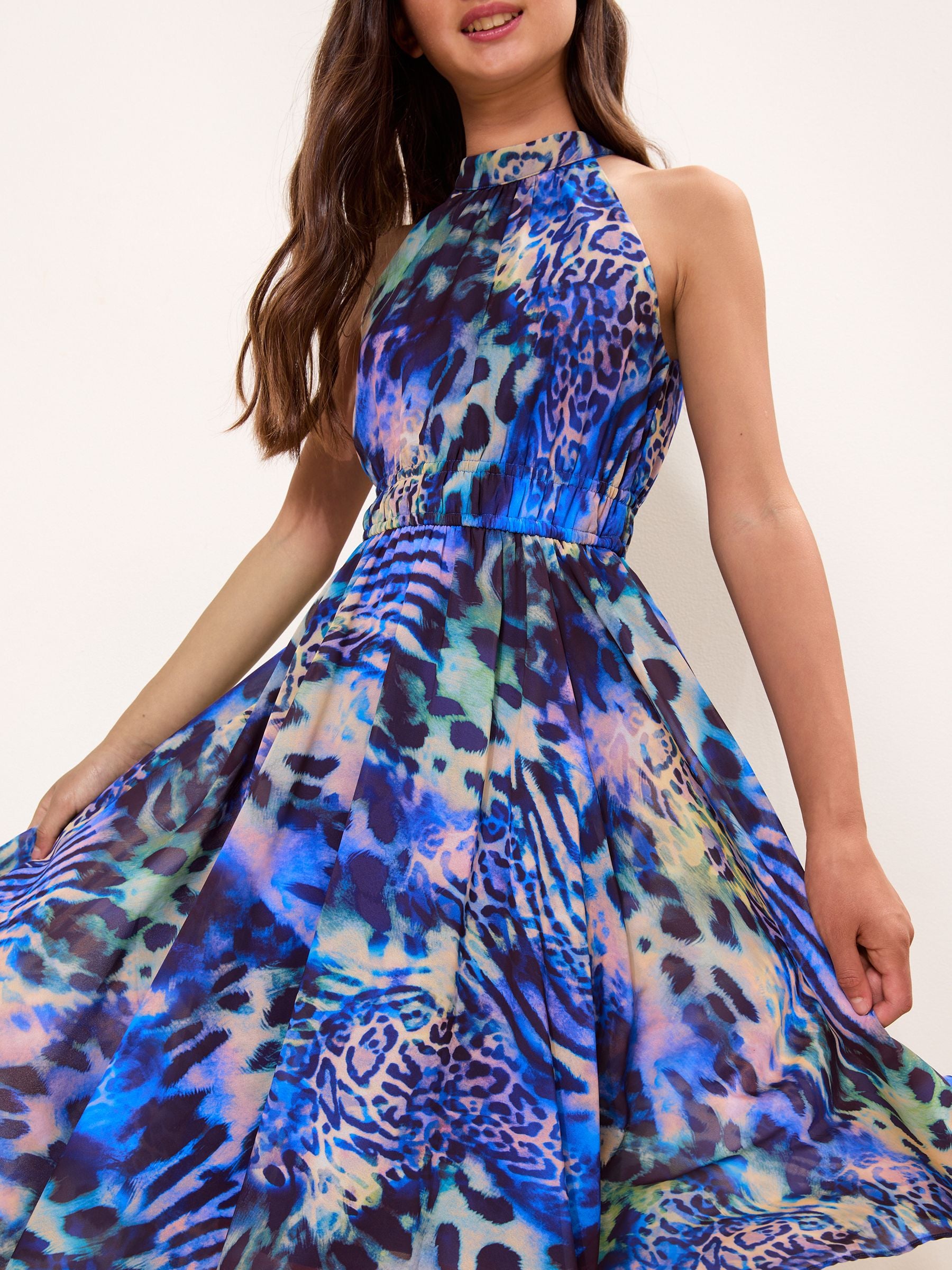 Dsiney Kidz - Lipsy Purple Leopard Hanky Hem Halter Occasion Dress (5-16yrs) image 2