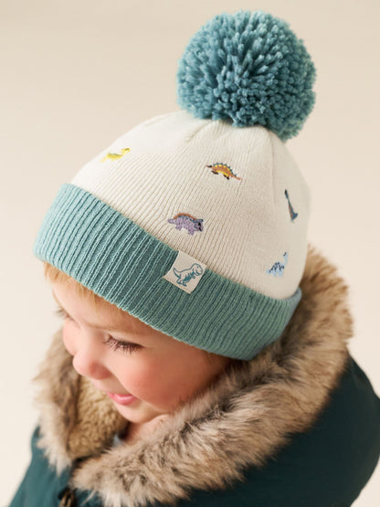 Dsiney Kidz - Ecru/Blue Dinosaur Embroidered Pom Beanie (3mths-16yrs) image 1