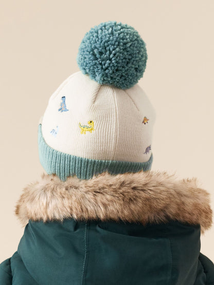 Dsiney Kidz - Ecru/Blue Dinosaur Embroidered Pom Beanie (3mths-16yrs) image 3
