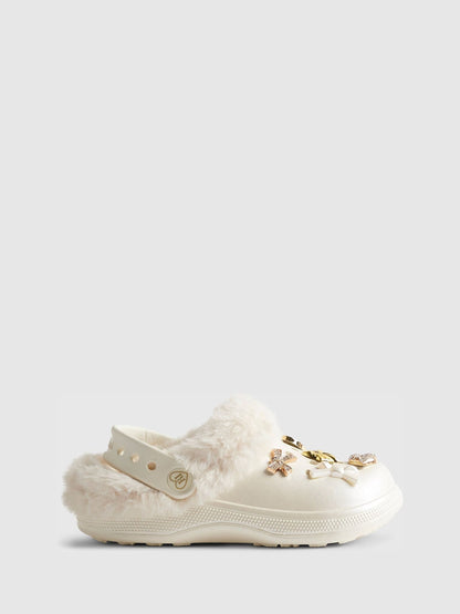 River Island Cream Fur Lined Bow Gem Clogs image 1