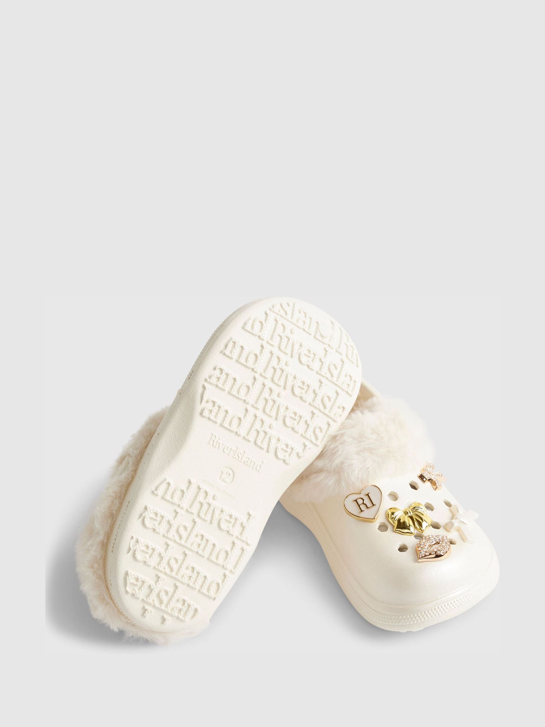 River Island Cream Fur Lined Bow Gem Clogs image 4