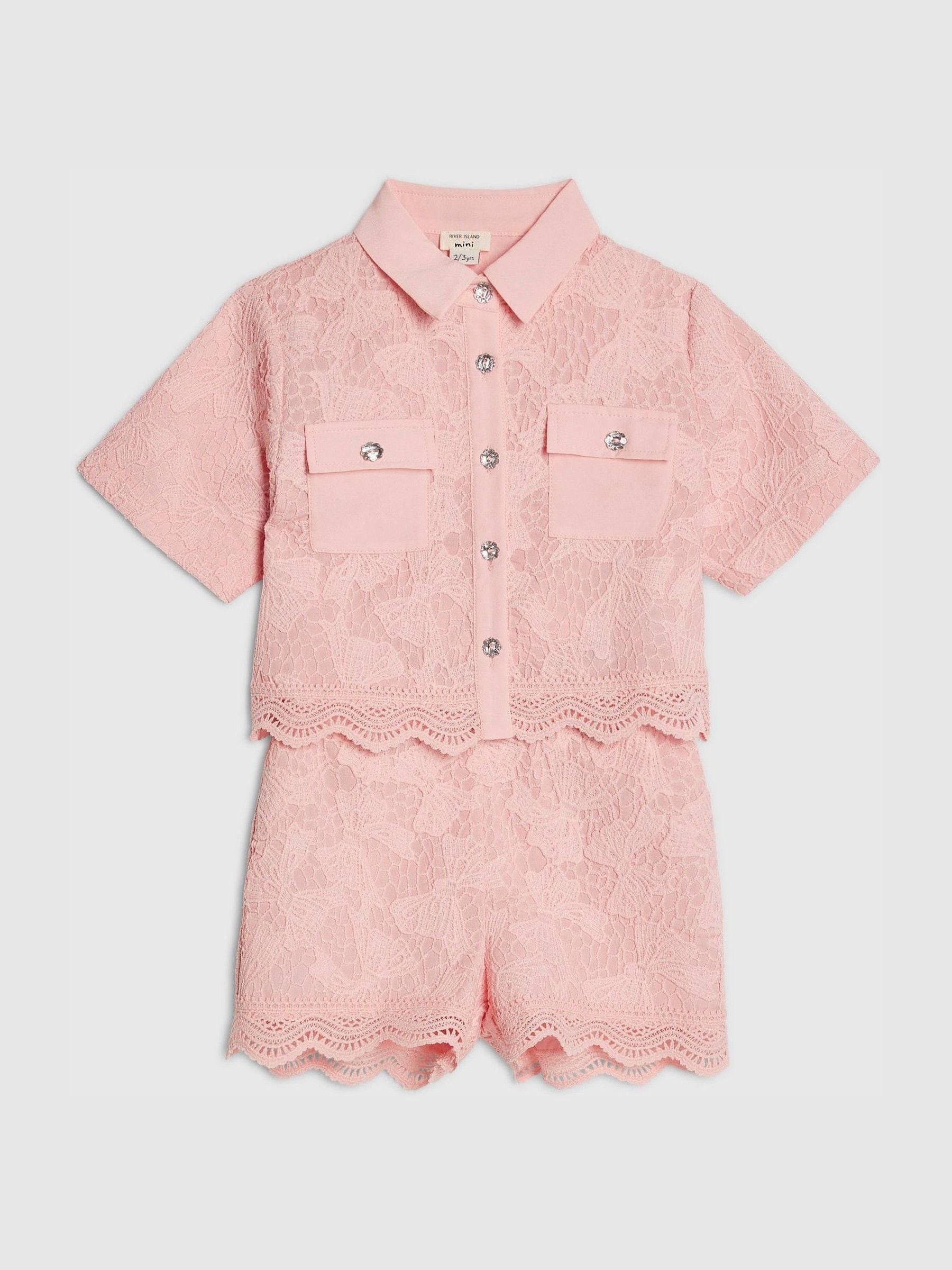 River Island Pink Lace Blouse Shirt & Shorts Set image 3
