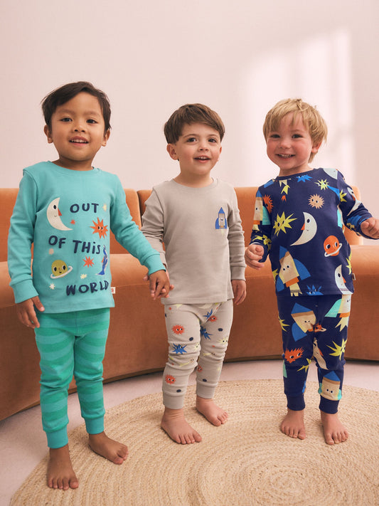 Dsiney Kidz - Ecru/Navy/Green Spaceship Relaxed Snuggle Pyjamas 3 Pack (9mths-10yrs) image 1
