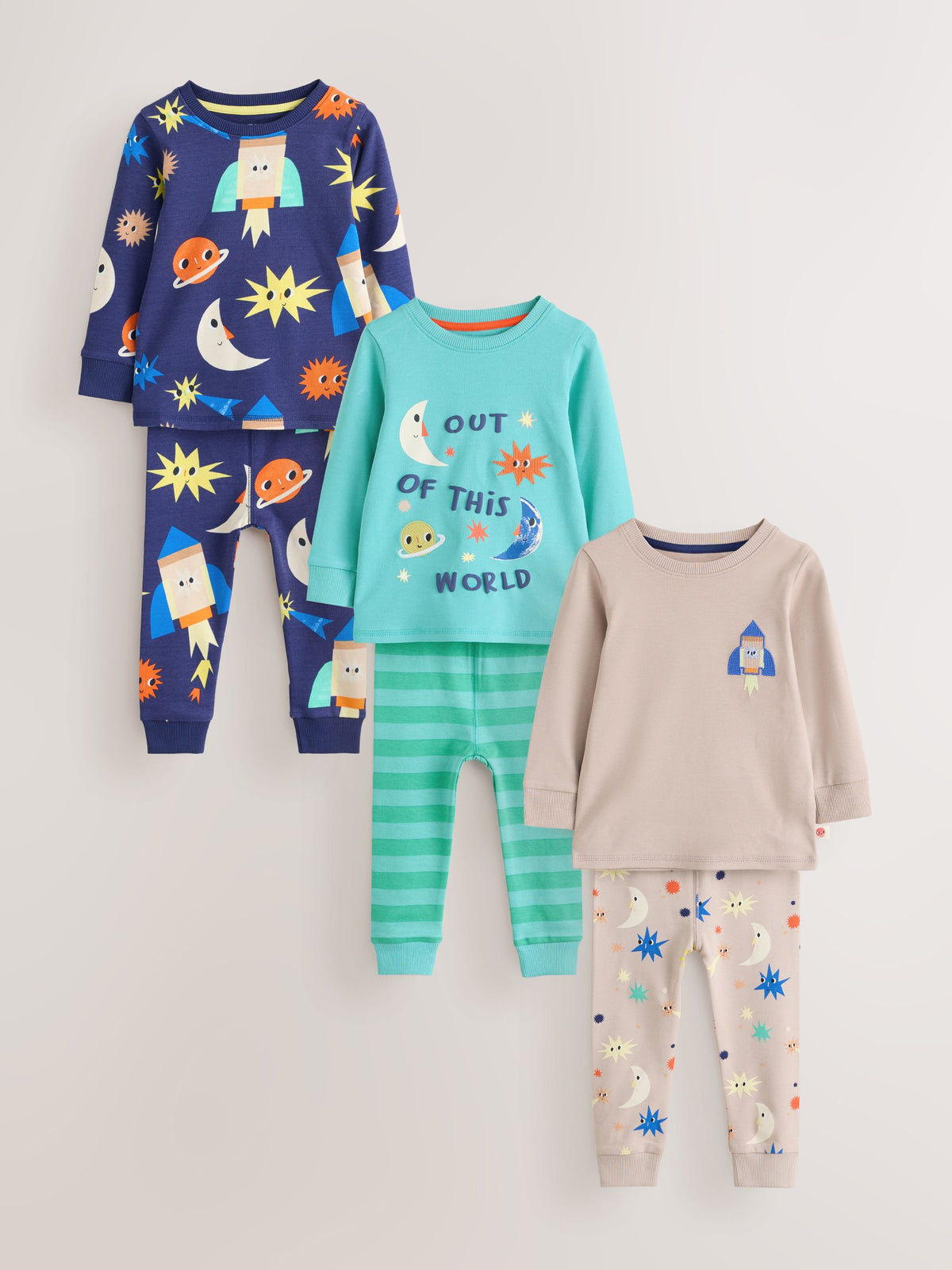 Dsiney Kidz - Ecru/Navy/Green Spaceship Relaxed Snuggle Pyjamas 3 Pack (9mths-10yrs) image 9