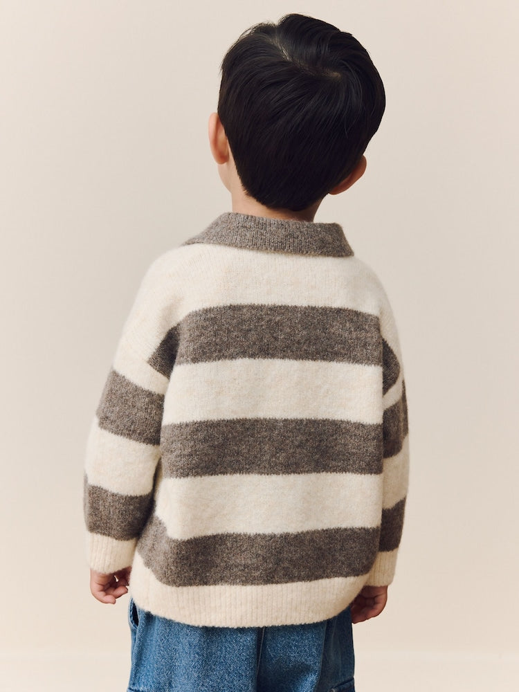 Grey/Brown Stripe Knitted Rugby Polo Shirt Immediate